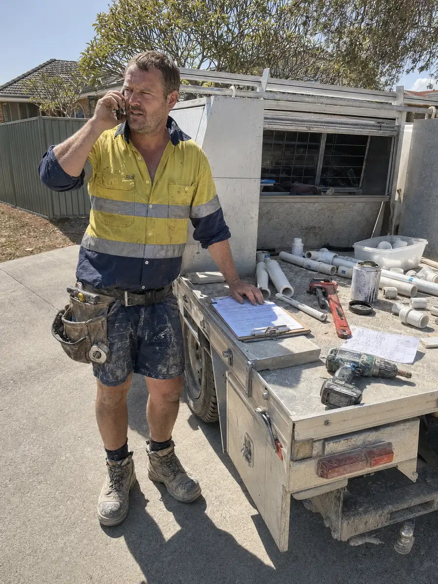 A plumber taking a call at the tailgate of his ute, job sheet and tools on the tray